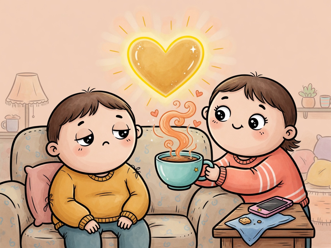 朋友放下手机，递来热茶