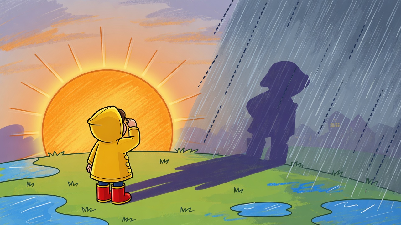 小朋友背对太阳，看着前面的雨