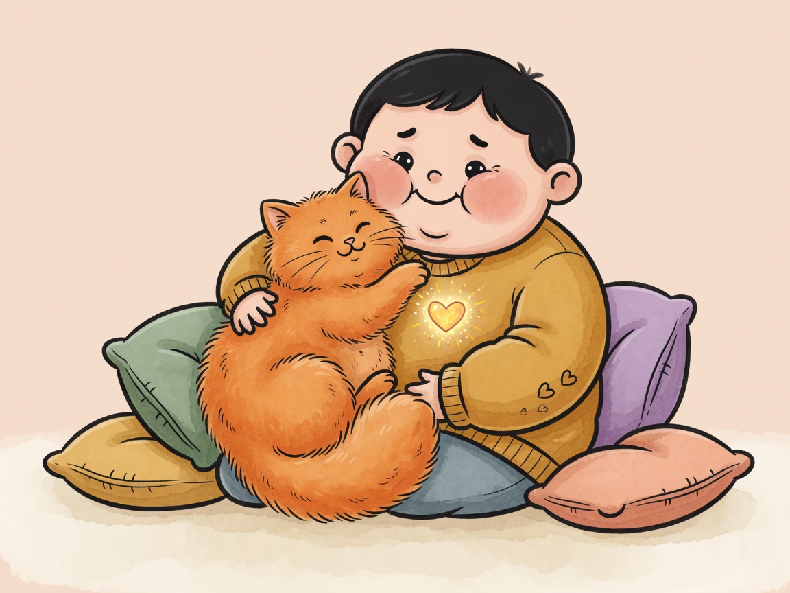 一只橘猫靠过来，胸口的小心亮起来