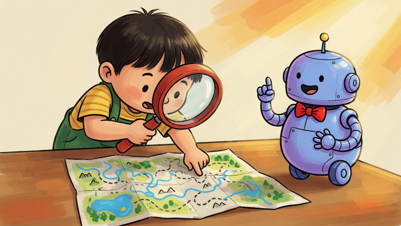 小孩拿放大镜对照地图，旁边的机器人仍在自信地讲
