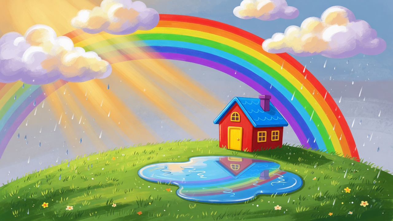 雨停以后，小山坡上出现一道大大的彩虹